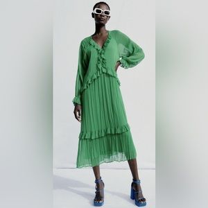 Zara Airy Green Long Sleeve Midi Dress Women’s Size XS